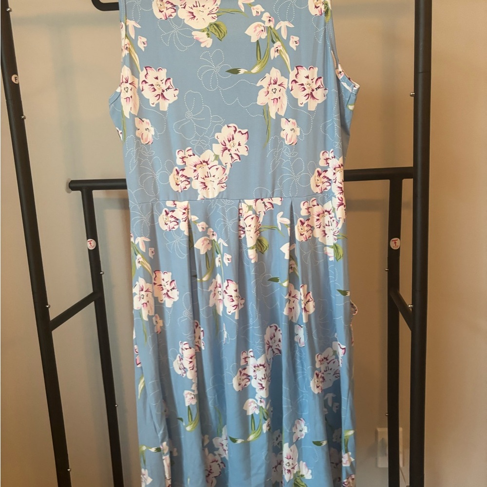 Blue Floral Print Sleeveless Dress